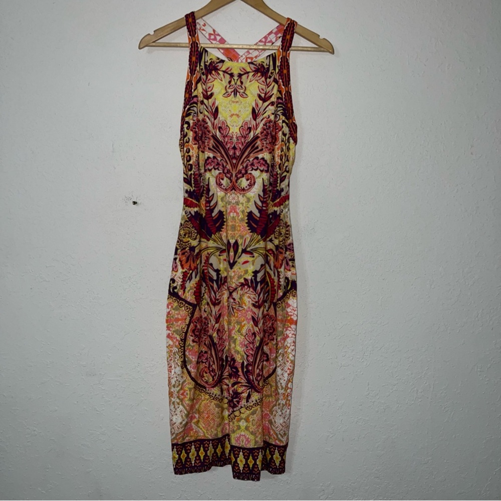 Hale Bob Yellow Pink Orange Patterned Midi Dress